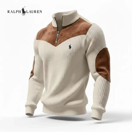 Modern Ribbed Knit Zip Sweater with Suede Accents