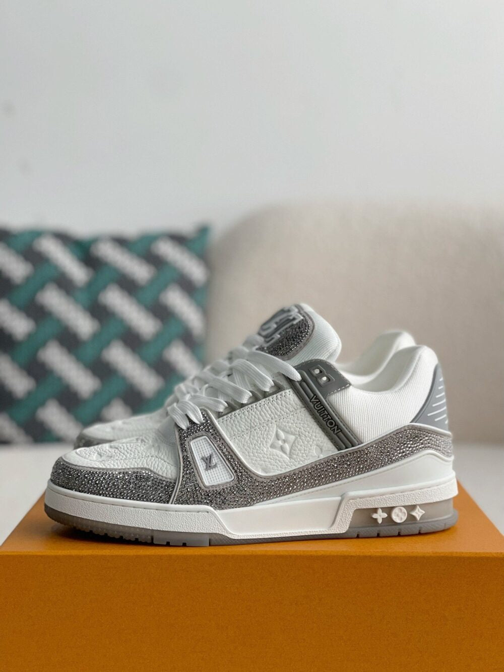 Louis Vuitton LV Trainer Sneaker Denim Monogram Grey Diamond