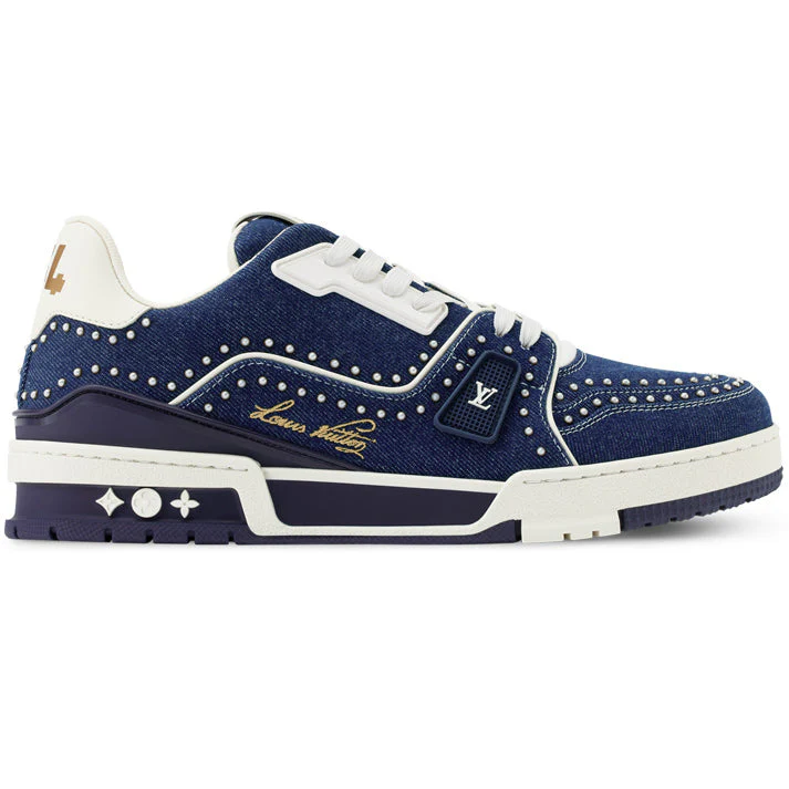 Louis Vuitton LV Trainer Indigo Blue Denim Sneakers with Swarovski Pearls
