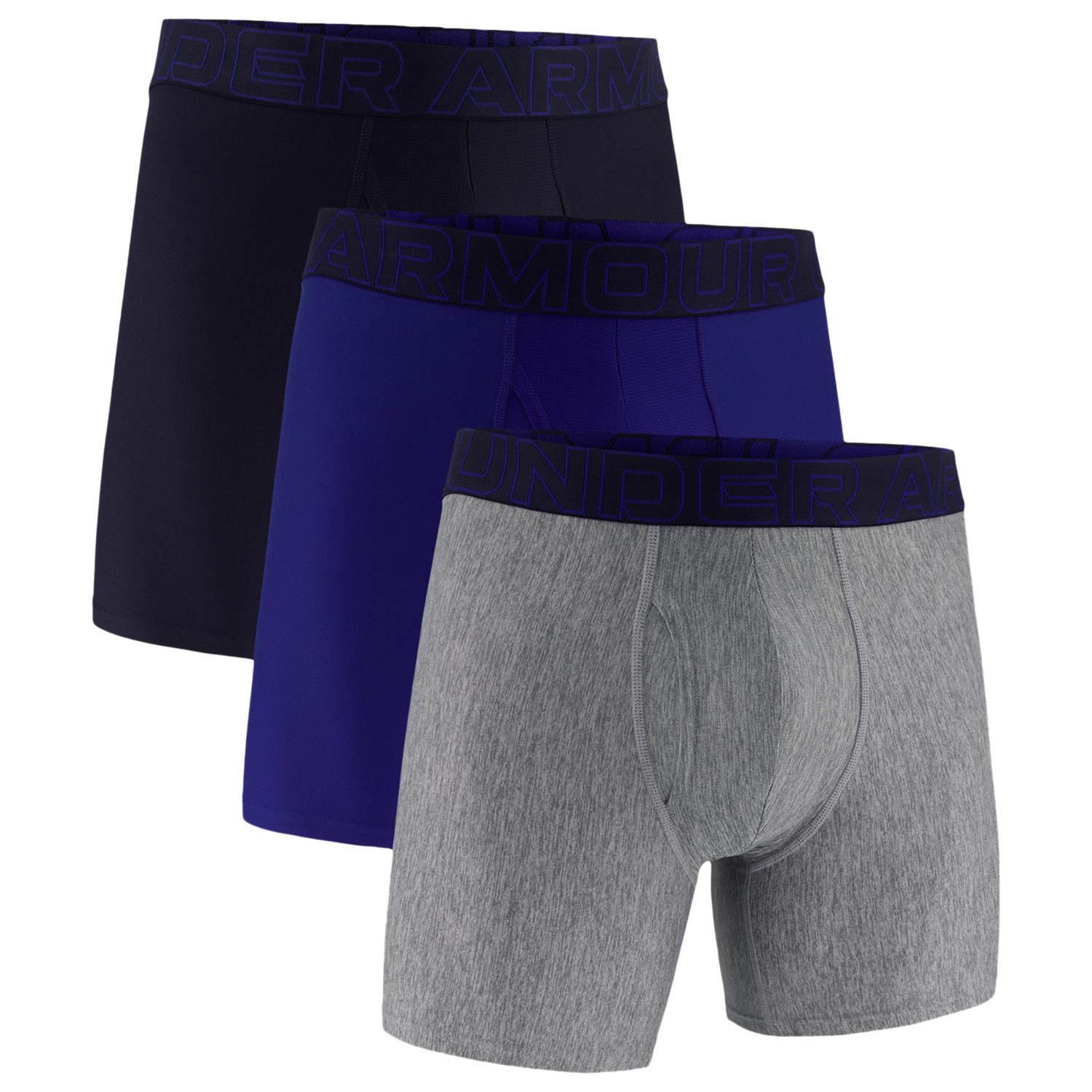 Under Armour Performance Tech Boxer Brief- Solid 6 IN 3PK - Men's - Royal/Steel/Midnight Navy