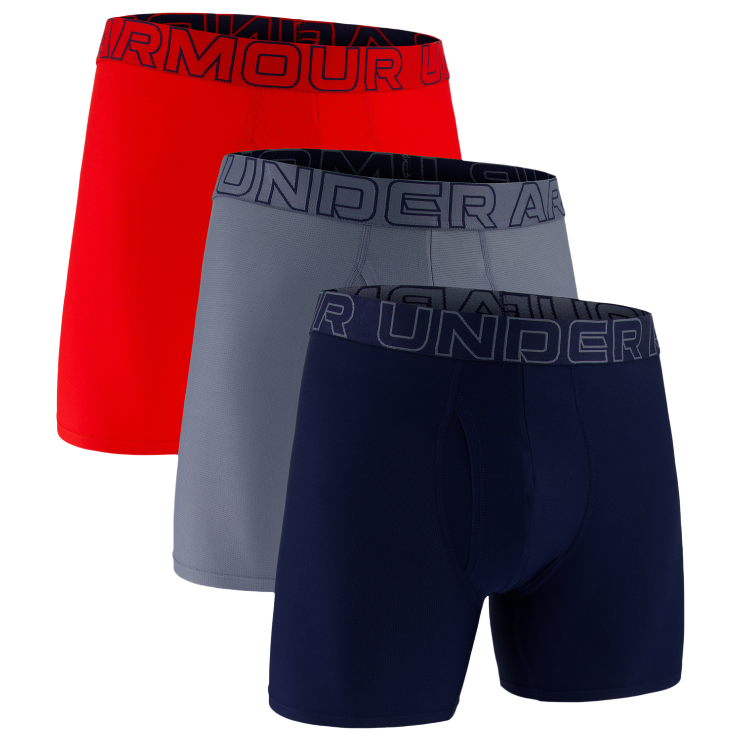 Under Armour Performance Tech Mesh Boxer Brief- Solid 6IN 3PK - Men's - Red/Gravel/Academy