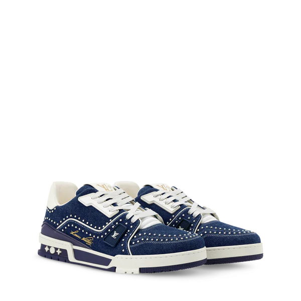 Louis Vuitton LV Trainer Indigo Blue Denim Sneakers with Swarovski Pearls