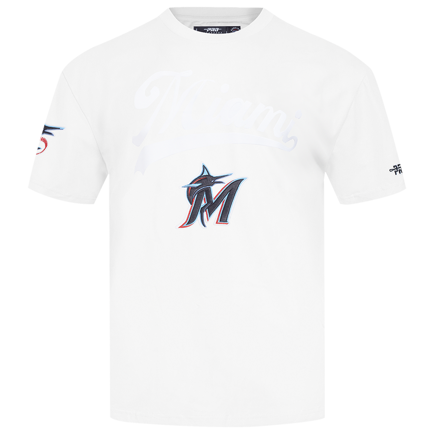 Pro Standard Marlins Living Large CJ Drop Shoulder T-Shirt - Men's - White/Black/Blue