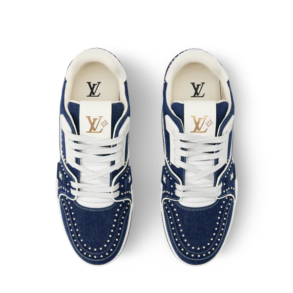 Louis Vuitton LV Trainer Indigo Blue Denim Sneakers with Swarovski Pearls