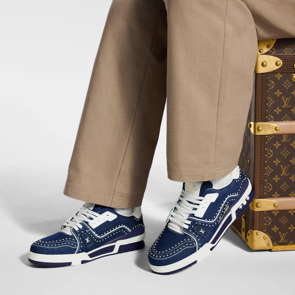 Louis Vuitton LV Trainer Indigo Blue Denim Sneakers with Swarovski Pearls