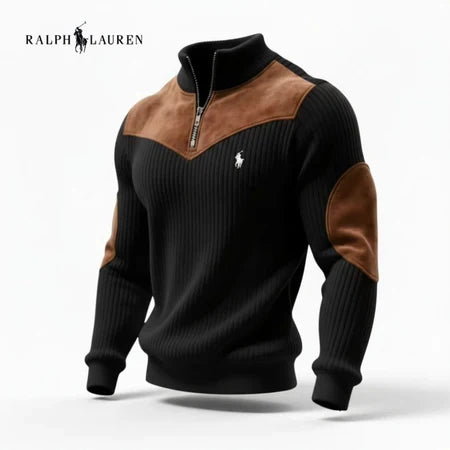 Modern Ribbed Knit Zip Sweater with Suede Accents