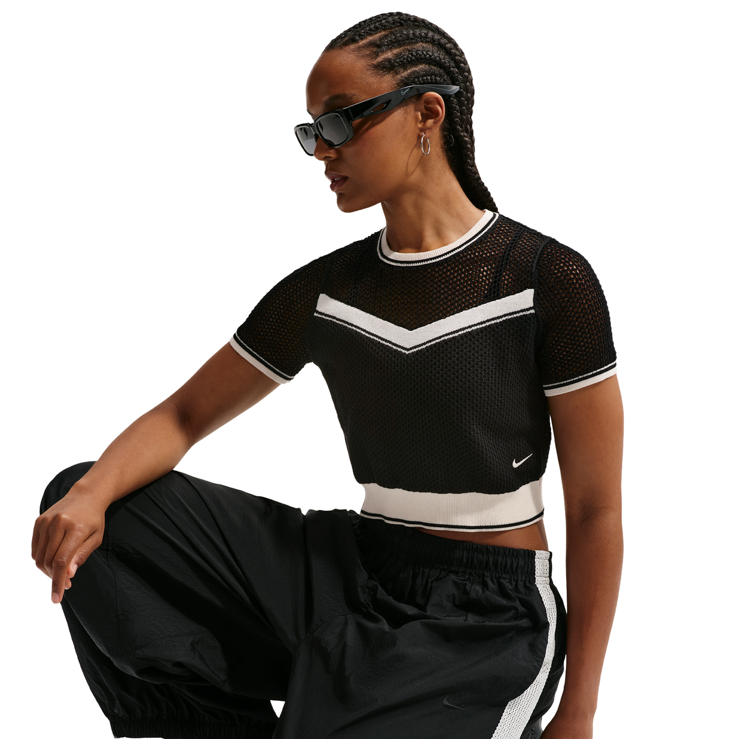 Nike NSW Chill Op Knit SS Crop Top - Women's - Black/Chalk/Chalk