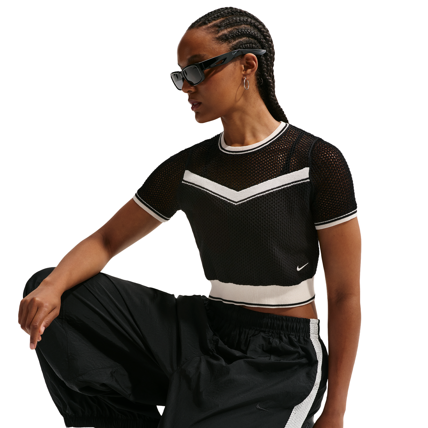 Nike NSW Chill Op Knit SS Crop Top - Women's - Black/Chalk/Chalk