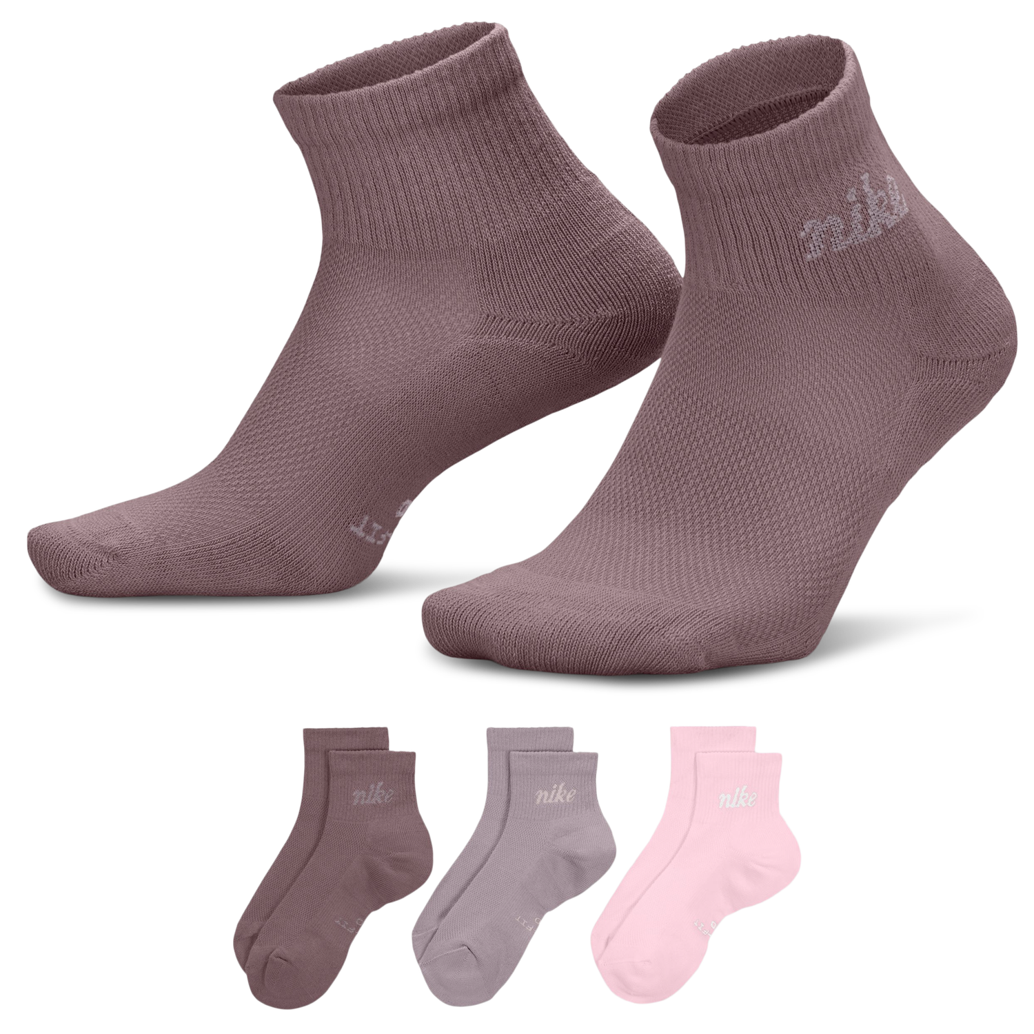 Nike Script Ankle Socks 3 Pack - Women's - Brown/Pink/Gray