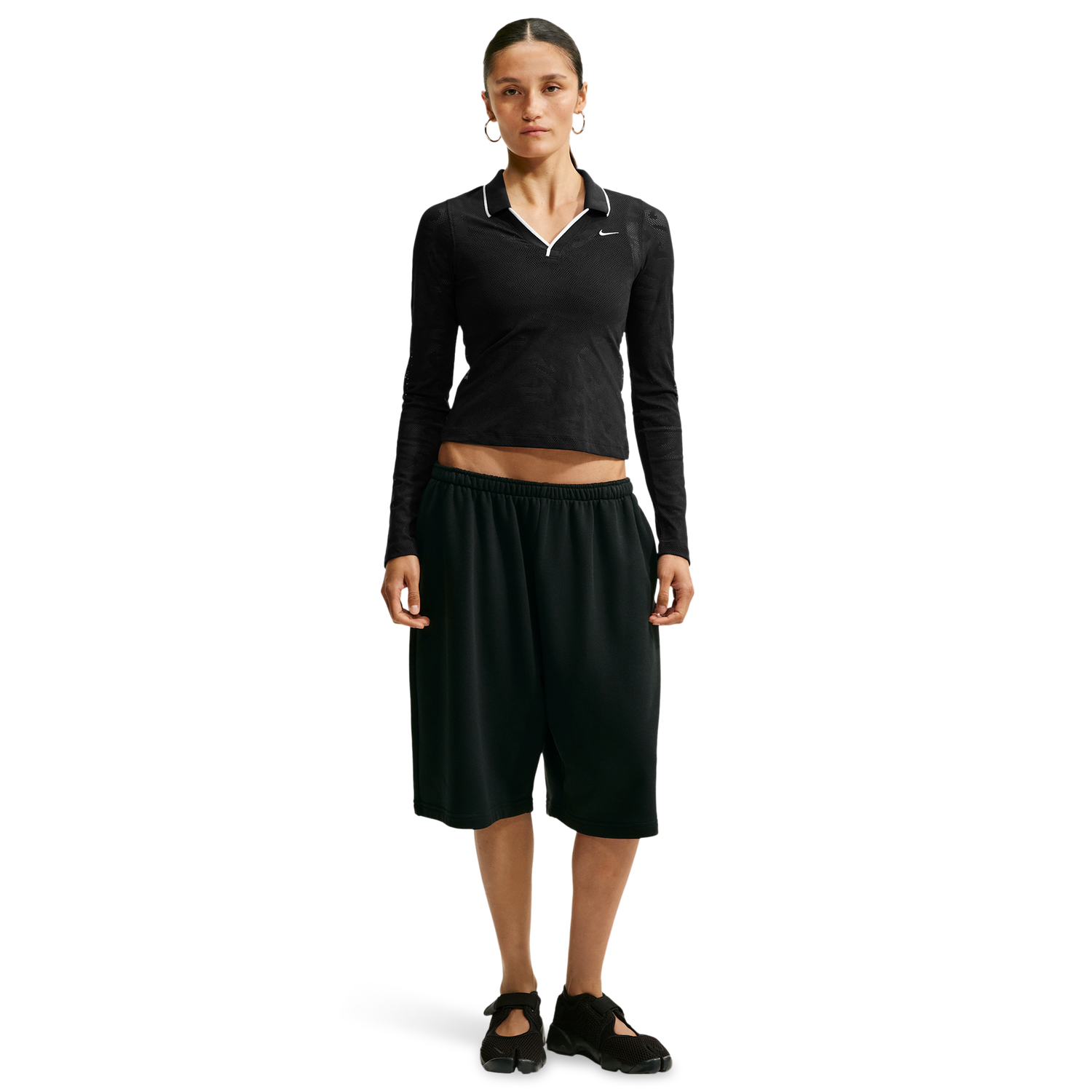 Nike Chll Knit LS Stitch Lace Top - Women's - White/Black/Black