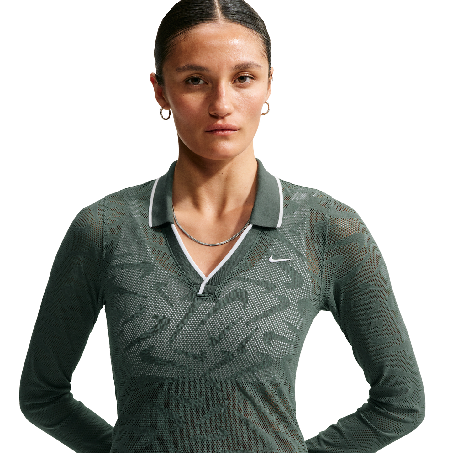 Nike Chll Knit LS Stitch Lace Top - Women's - Camo Green/Camo Green/White