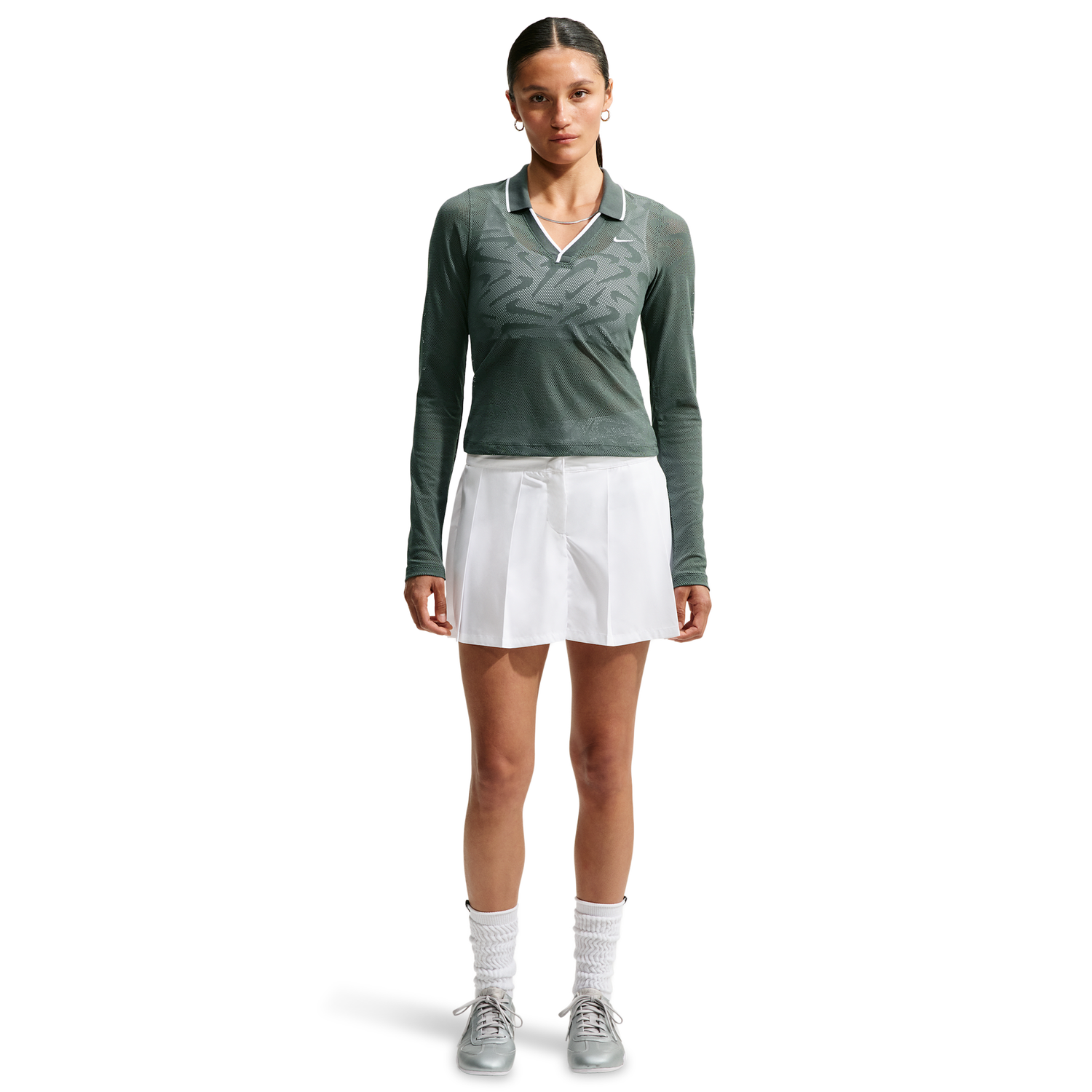 Nike Chll Knit LS Stitch Lace Top - Women's - Camo Green/Camo Green/White