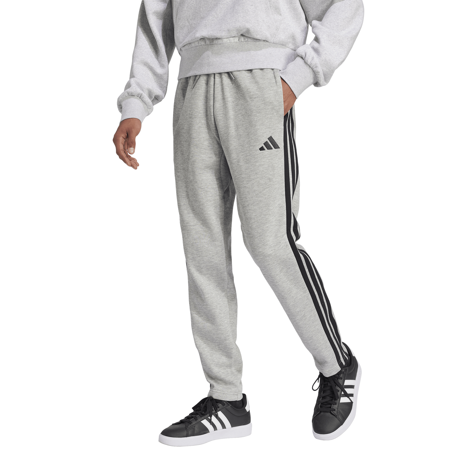 adidas Essentials 3-Stripes Fleece Open Hem Pants - Men's - Black/Medium Grey Heather
