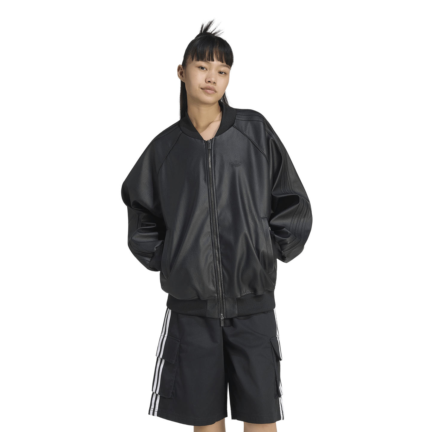 adidas Originals Pleather SST Oversized Track Top - Women's - Black/Maroon
