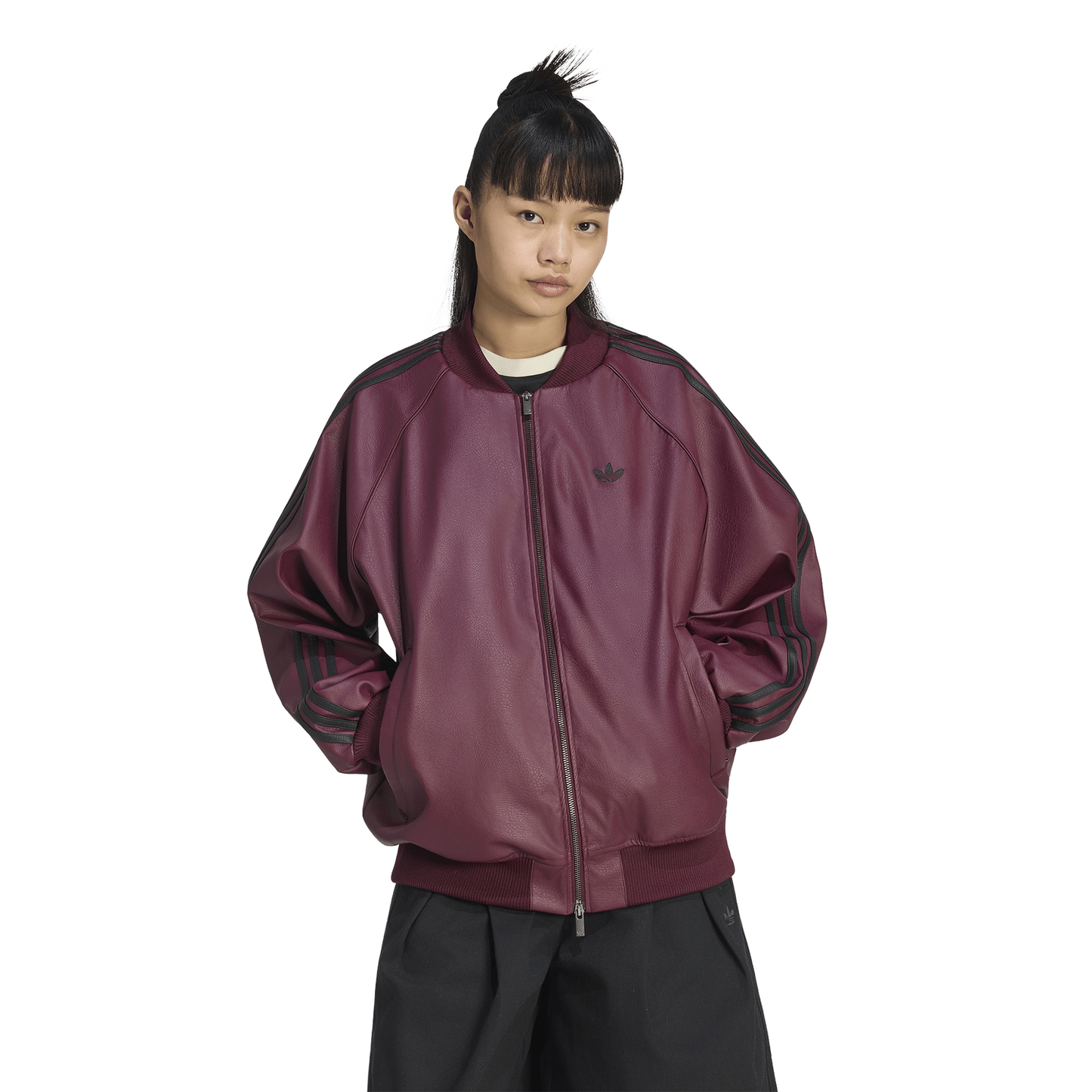 adidas Originals Pleather SST Oversized Track Top - Women's - Maroon/Black/Dark Football Gold