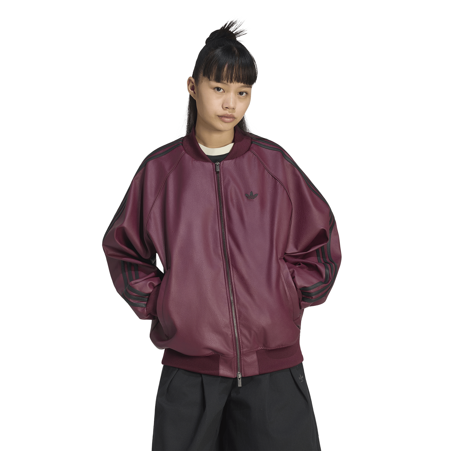 adidas Originals Pleather SST Oversized Track Top - Women's - Maroon/Black/Dark Football Gold