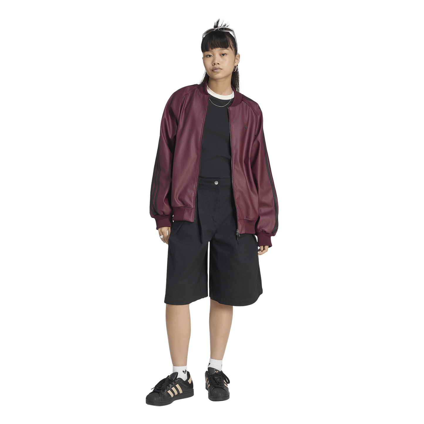 adidas Originals Pleather SST Oversized Track Top - Women's - Maroon/Black/Dark Football Gold