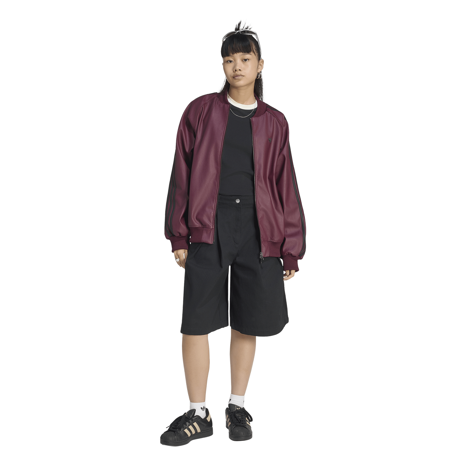 adidas Originals Pleather SST Oversized Track Top - Women's - Maroon/Black/Dark Football Gold