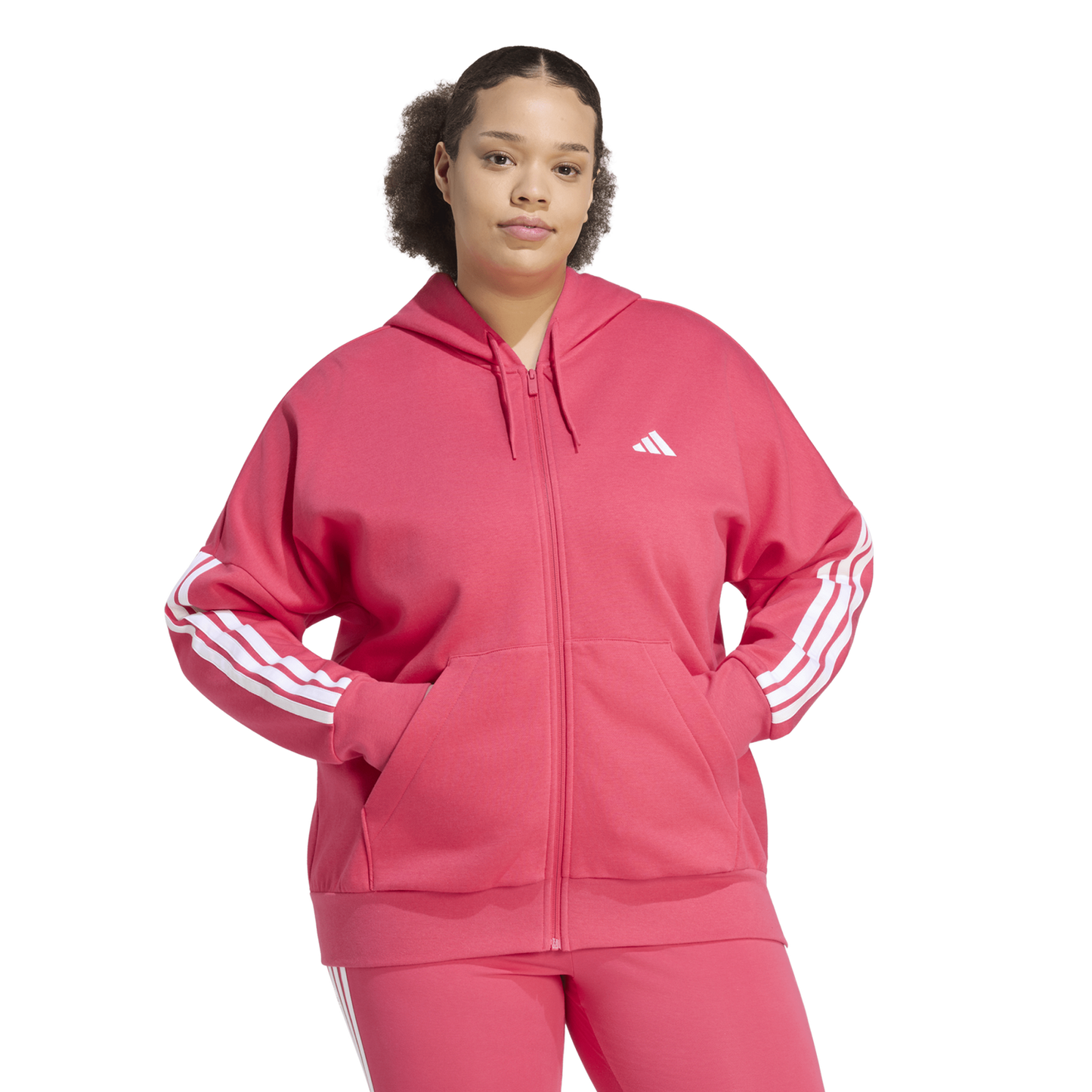 adidas Essentials 3-Stripe FZ Fleece Hoodie (Plus Size) - Women's - Power Pink