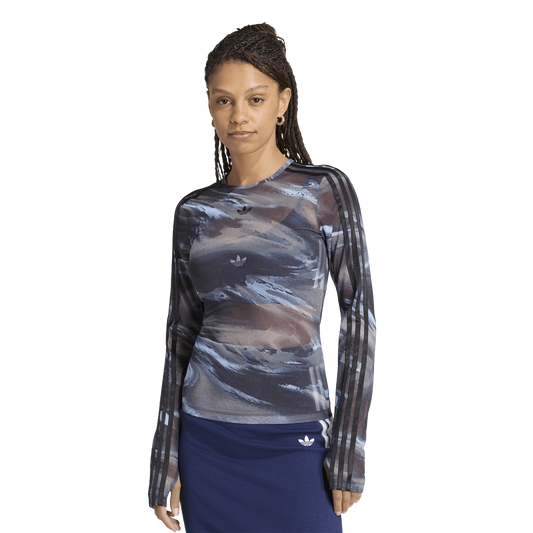 adidas Originals All Over Print Graphic Mesh LS Shirt - Women's - Olive Strata/Aurora Coffee/Crystal Sky
