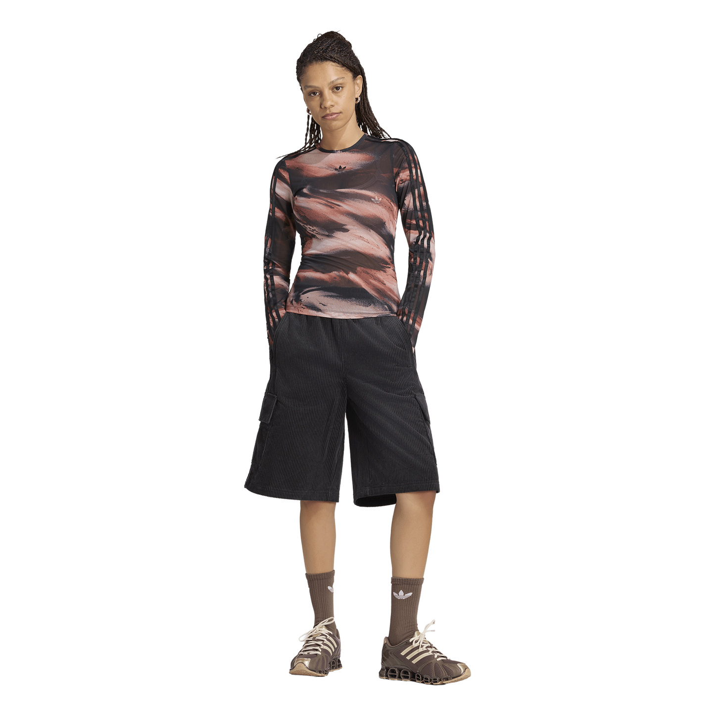 adidas Originals All Over Print Graphic Mesh LS Shirt - Women's - Vermillion/Crystal Linen/Aurora Coffee