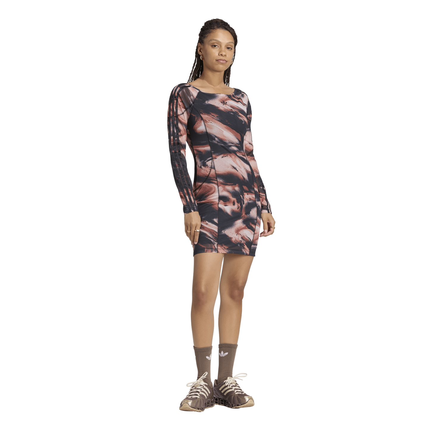 adidas Originals All Over Print Long Sleeve Mini Dress - Women's - Vermillion/Crystal Linen/Aurora Coffee