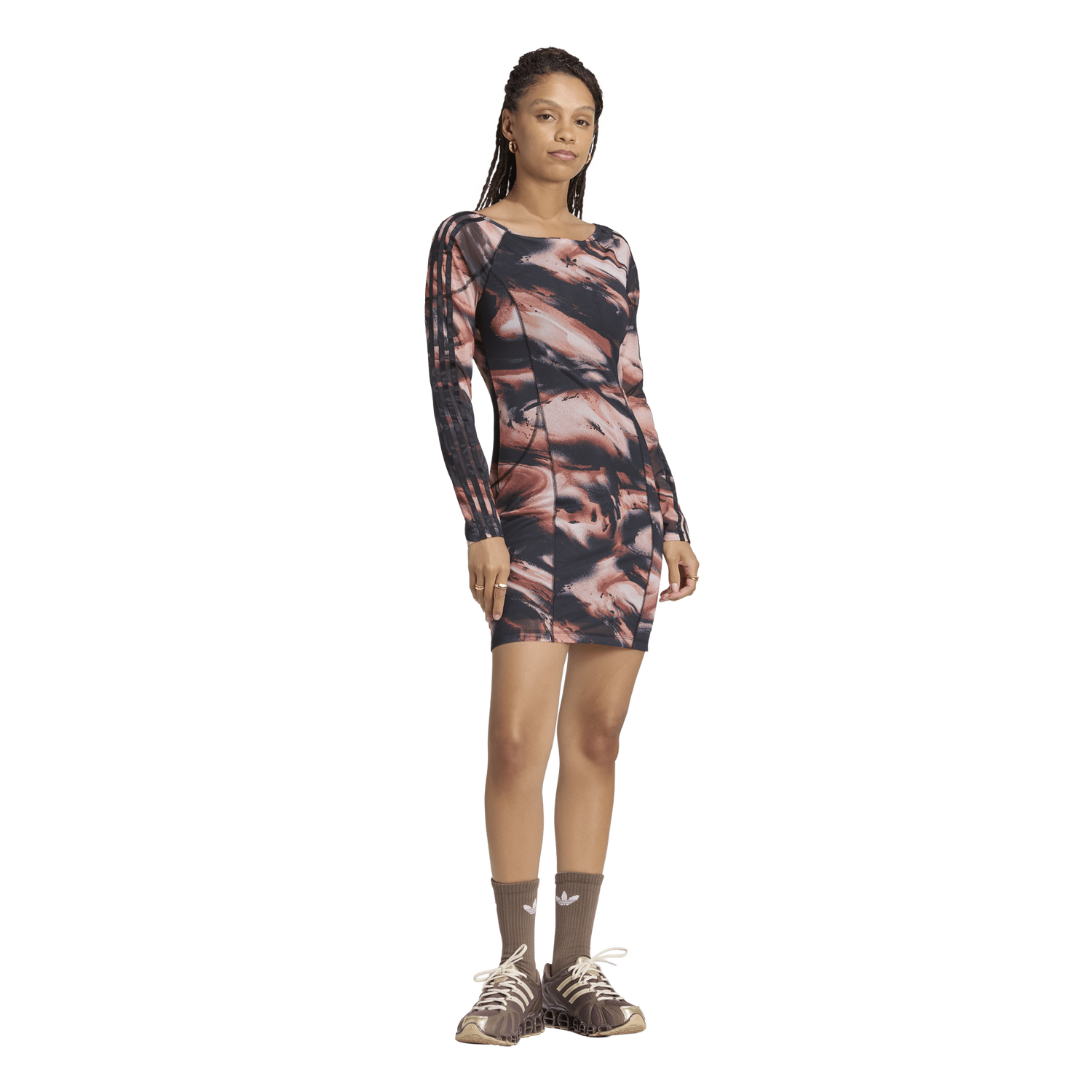 adidas Originals All Over Print Long Sleeve Mini Dress - Women's - Vermillion/Crystal Linen/Aurora Coffee