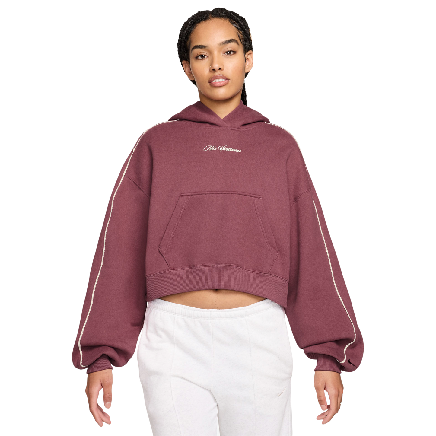 Nike Studio Crop Fleece Scallop Hoodie - Women's - Pink/White/Pink