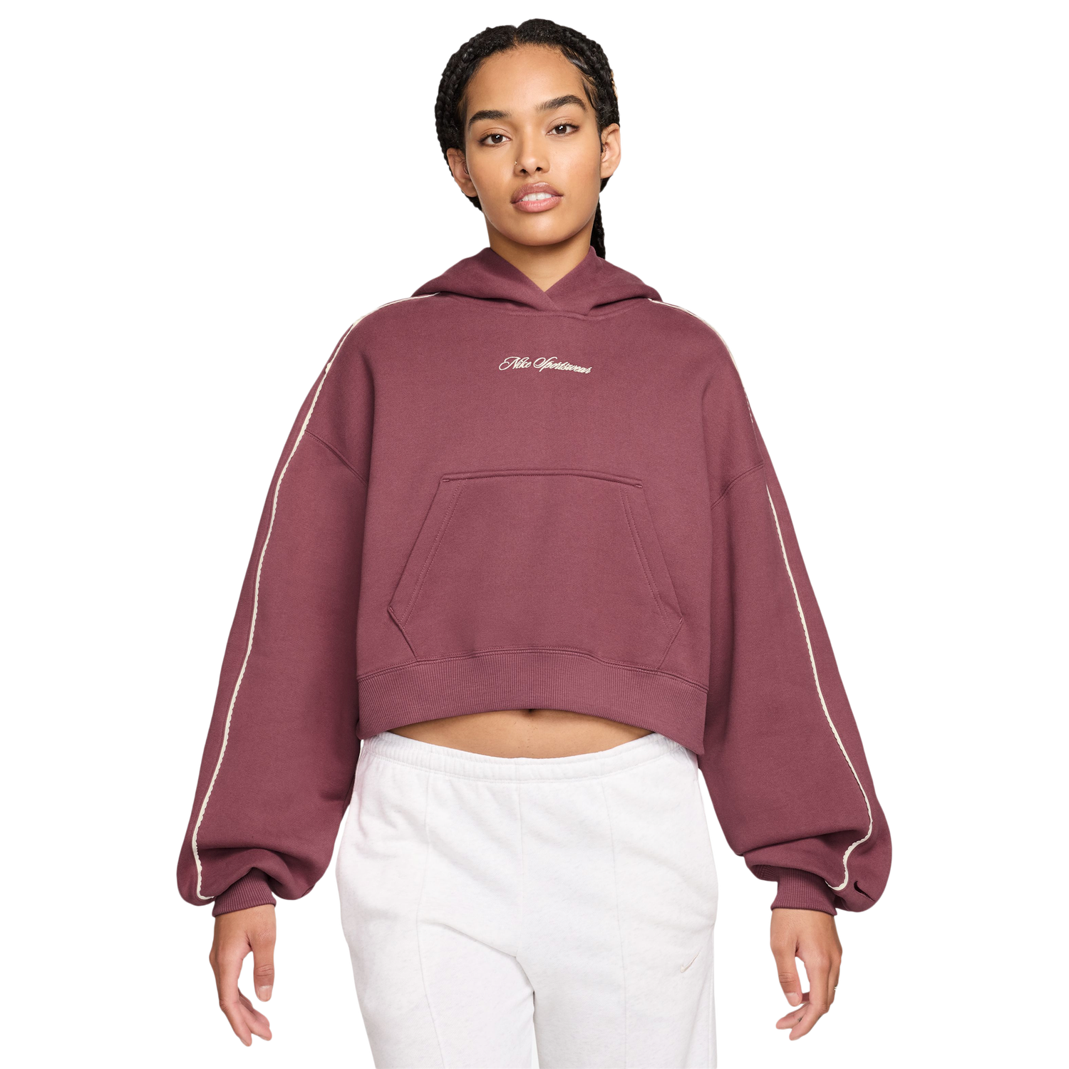 Nike Studio Crop Fleece Scallop Hoodie - Women's - Pink/White/Pink