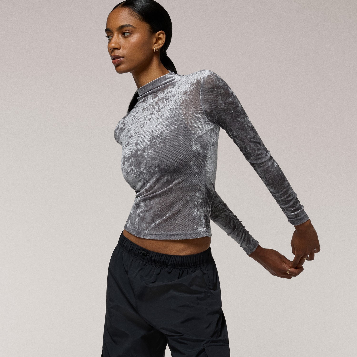 Cozi Ruched Mesh Top with Flocking - Women's - Gray