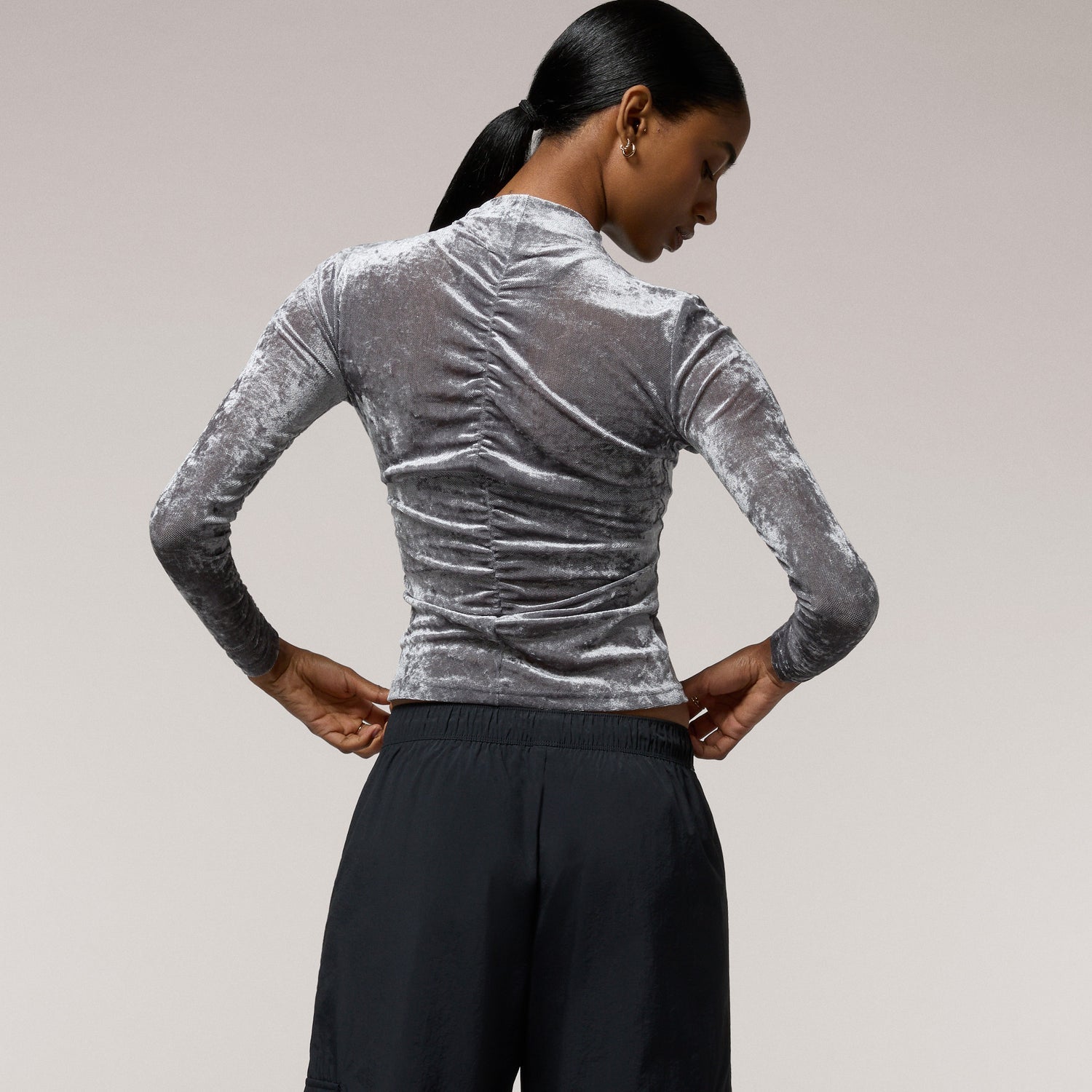Cozi Ruched Mesh Top with Flocking - Women's - Gray