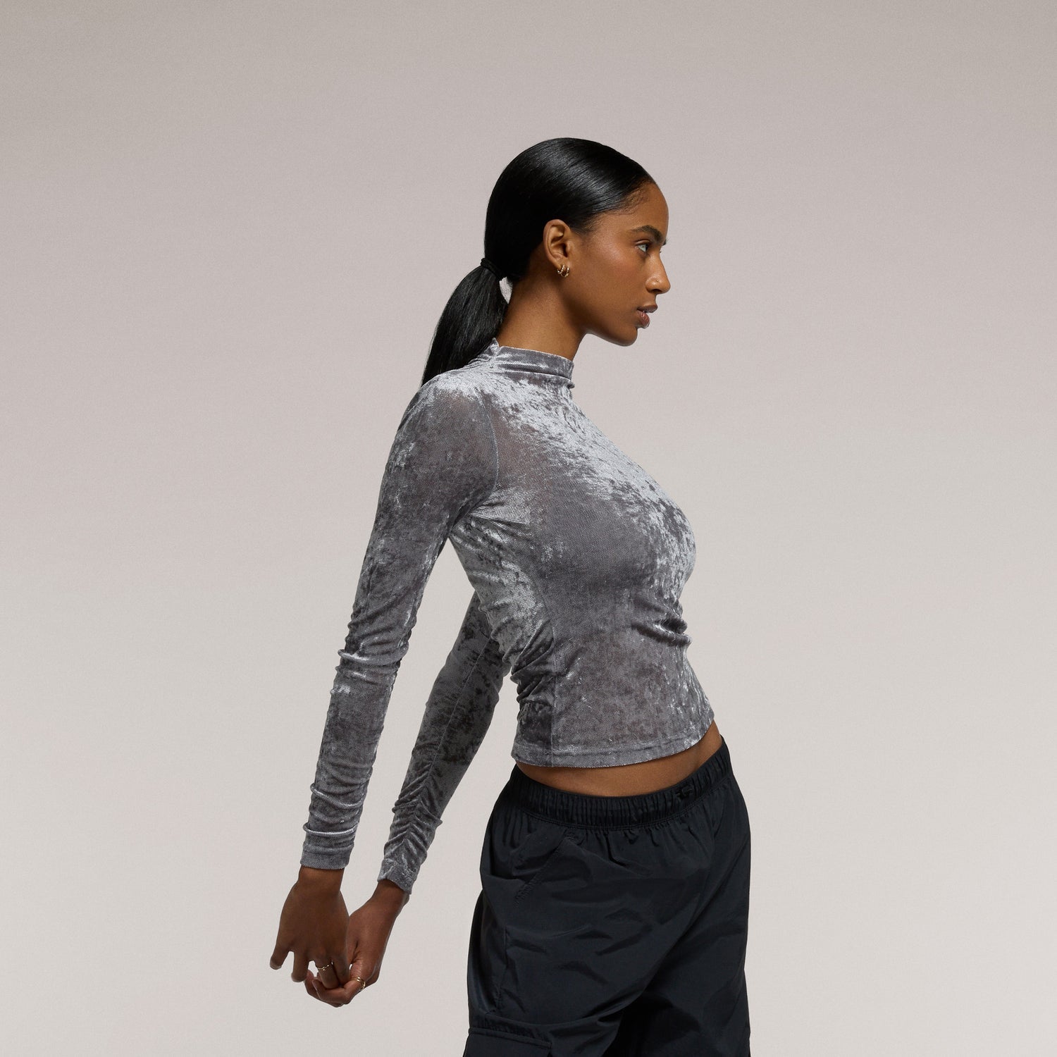 Cozi Ruched Mesh Top with Flocking - Women's - Gray
