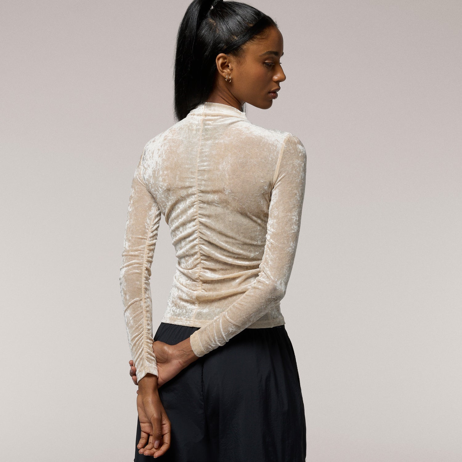 Cozi Ruched Mesh Top with Flocking - Women's - Parchment