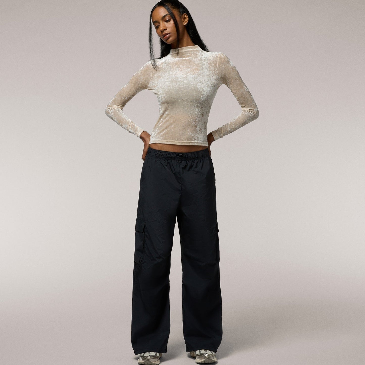 Cozi Ruched Mesh Top with Flocking - Women's - Parchment