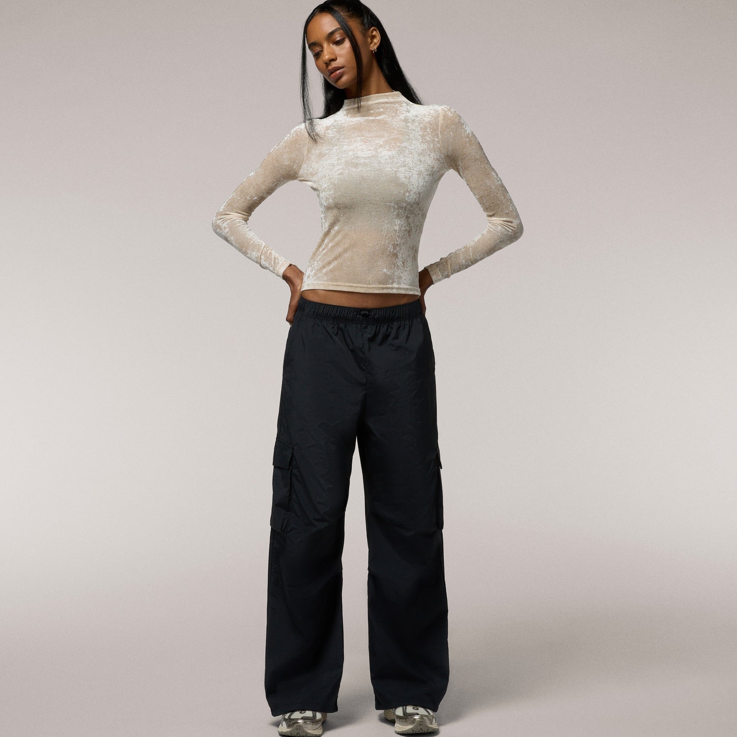 Cozi Ruched Mesh Top with Flocking - Women's - Parchment